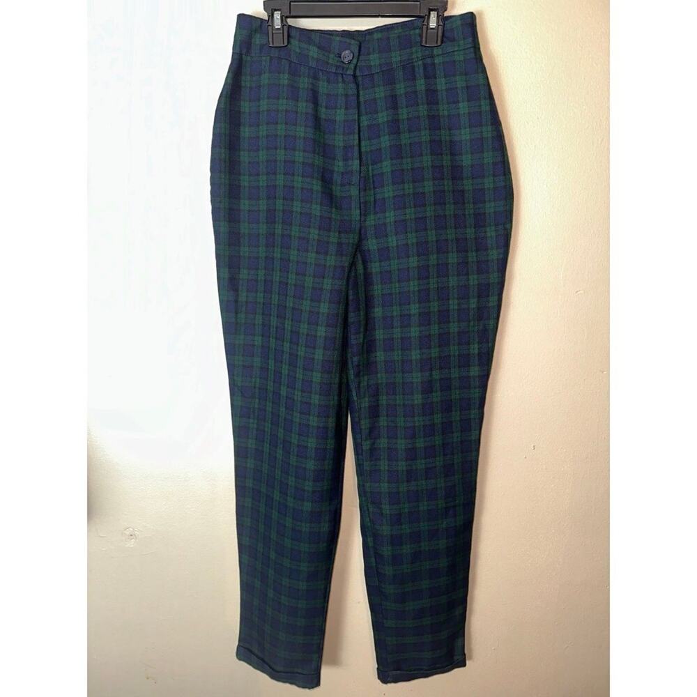 Nasty Gal Plaid Trousers Pants Size 4 Cuffed Ankle High Waist Green Blue